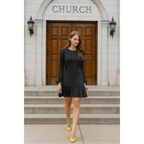 Gianni Bini Black & Gold Polka Dot Dress Size Small Bow Sleeve Ruffle Hem NWT - Picture 1 of 11